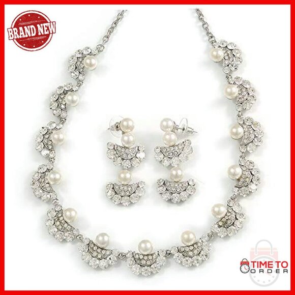 Silver Ivory Pearl Crystal Wedding Bridal Choker Necklace  Silver Plated Pearl Crystal Necklace Earring Set 44cm Bridal Wedding